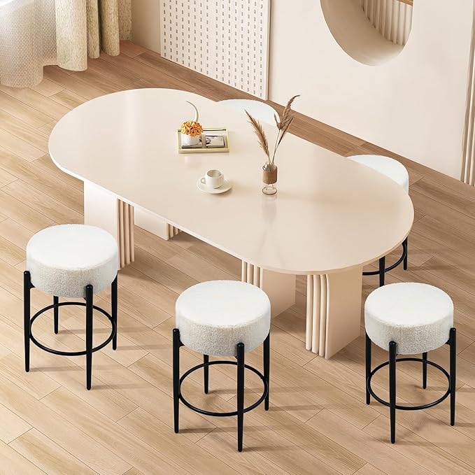 Counter Height Bar Stools, Set of 4, 24" Modern Backless Bar Stools, Ideal for Kitchen Counter, Kitchen Island, Boucle Sherpa Padded Cover, with Round Soft Seat and Foot Rest, White