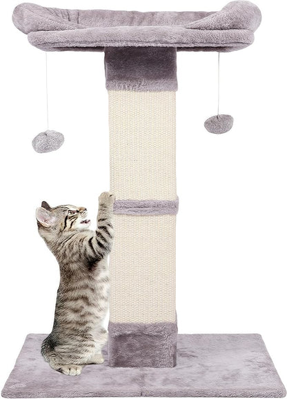 34" Tall Cat Scratching Post with Bed, Sisal Scratch Posts Trees with Plush Perch and Hanging Ball for Indoor Cats, Removable Cover, Large Scratch Post and Base, Rugged and Durable, Light Grey