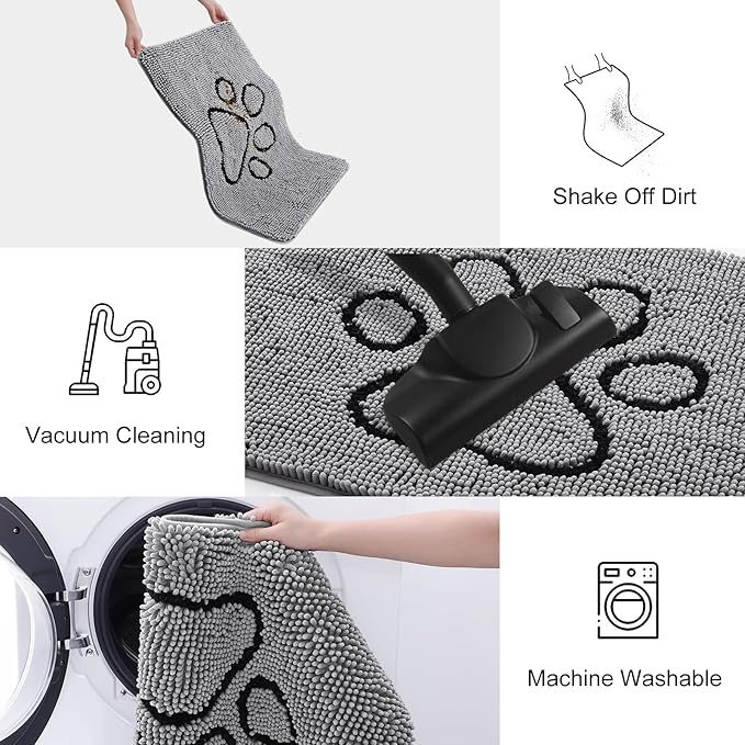 Smiry Dog Door Mat for Muddy Paws, Absorbent Dirt Trapper Non Slip Quick Dry Washable Chenille Mat for Mud Dogs, Entry Rug for Indoor and Outdoor (30x20 Inches, Grey)