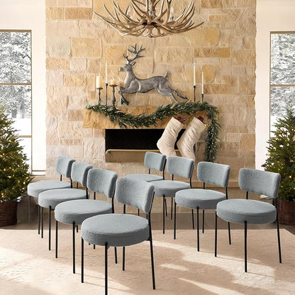 Grey Boucle Dining Chairs Set of 8, Upholstered Dinner Chair with Metal Frame, Dining Room Chairs with Padded Seat, Round Modern Seating for Living Room