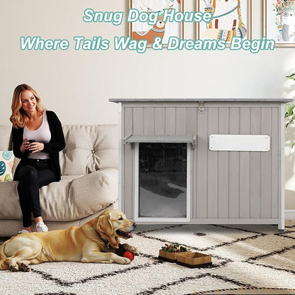 Large Outdoor Dog House Waterproof for Small to Large Dogs, Outdoor Indoor Doghouse Kennel Shelter Weatherproof with Anti-Chewing Iron Frame, Wndow, Open Roof, Removable Floors(43" L*29.5" W*33.5" H)