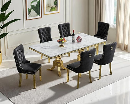 70" Faux Marble Dining Table Set for 6, 7-Piece Dining Set with White Gold Kitchen Table and 6 Velvet Tufted Chairs, Modern Rectangular Dining Room Table with American-Shape Stainless Steel Base