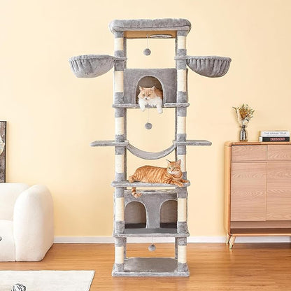 MWPO Extra Large Cat Tree, 77.6-Inch Tall Cat Tower for Indoor Cats with 2 Condos, Multi-Level Cat Stand for Large Cats, 3 Hammocks, Wide Perch, Scratching Posts, Dangling Toys, Light Grey