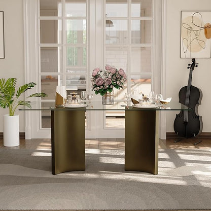 Asday 70 Inch Glass Dining Table with Bronze Base, Rectangular Dining Table for 6 People, Modern Brass Dining Room Table for Kitchen