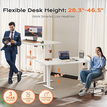 Huuger 63 x 28 Large Electric Standing Desk, Height Adjustable Computer Desk, 27.6" Deep Desktop, Stand up Gaming Office Table with 2 Hooks, 3 Preset Heights, for Home Office, White