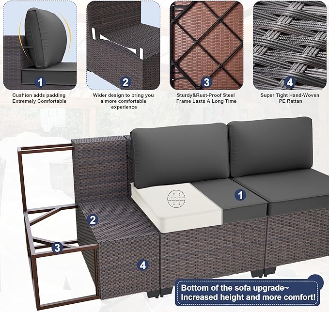 Kurapika 11 Pieces Patio Furniture Set, Rattan Wicker Outdoor Conversation Sets w/43in Propane Fire Pit Table and 4 Inch Cushion(Grey)