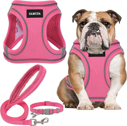 GAMUDA Small Pet Harness Collar and Leash Set, Step in No Chock No Pull Linen Fabric Soft Mesh Dog Vest Harnesses Reflective for Dogs Puppy Cats Kitten Rabbit (Pink, XL)