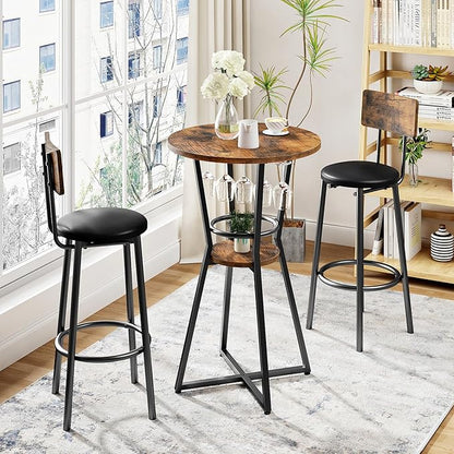HOOBRO Round Bar Table, 2-Tier Counter Height Pub Table with Wine Glass Holder, Industrial Cocktail Table, for Small Space, Tavern, Living Room, Dining Room, Patio, Rustic Brown and Black BF62BT01G1