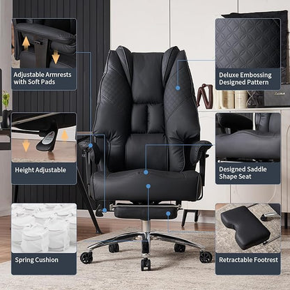 Big and Tall Office Chair 400lbs Wide Seat, Leather High Back Executive Office Chair with Foot Rest, Ergonomic Chairs Lumbar Support for Lower Back Pain Relief (Black)