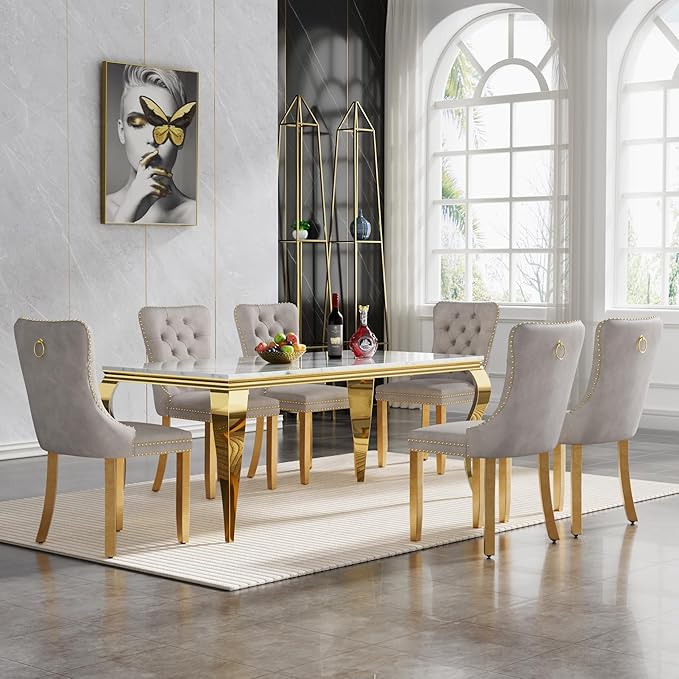 70" Marble Dining Table Set for 6, Modern 7 Piece Dining Room Table Set with White Faux Marble Dining Table & 6 Grey Velvet Upholstered Chairs, Luxury Gold Kitchen Table Chairs Set of 6