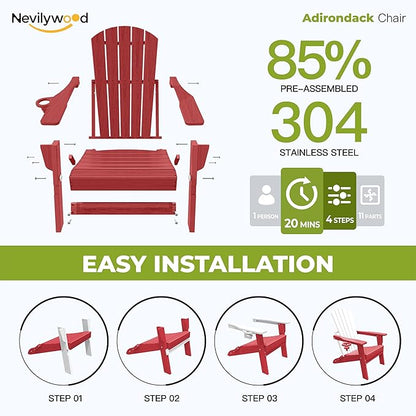 nevilywood Folding Adirondack Chair with Cup Holder Set of 4, HDPE Patio Chairs,All-Weather Outdoor Chairs for Backyard, Deck,Fire Pit-Red