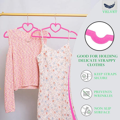 Velvet Hangers 20 Pack, 360° Swivel Rose Gold Hooks, 16" Non Slip Felt Hanger, Space Saving Clothes Hanger, Durable & Cute Flocked Heart Hanger for Adult (Hot Pink)