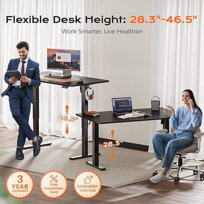 Huuger 55 x 28 Large Electric Standing Desk, Height Adjustable Computer Desk, 27.6" Deep Desktop, Stand up Gaming Office Table with 2 Hooks, 3 Preset Heights, for Home Office, Black