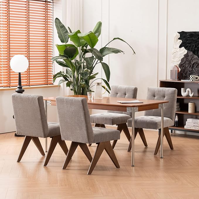 Rowill Modern Upholstered Dining Chairs Parsons Chair Linen Fabric Kitchen Chairs Tufted Armless Dining Room Chairs with Wood Legs Set of 6, Light Grey