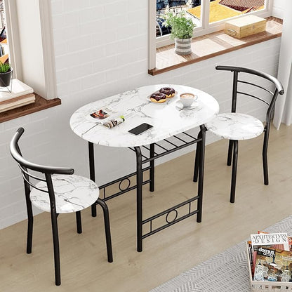 JUMMICO 3-Piece Wooden Round Table & Chair Set, Space Saving Kitchen Breakfast Nook Wood Grain Tabletop with Metal Frame and Built-in Wine Rack for Kitchen, Dining Room (White/Black)