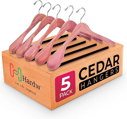 Cedar Hangers for Closet - 5 Pack Extra Wide Wooden Hangers for Suits, Coat, Dress, Jacket, Clothes Storage - Non Slip Foam Padded Pant Bar with 360° Swivel Hook, Aromatic American Cedar Wood