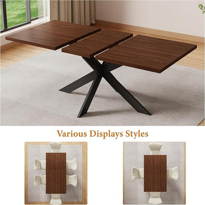 ZckyCine Modern 7-Piece Dining Table Set, 51''-67'' Extendable Walnut Wood Rectangular Table with Metal Legs and 6 PU Leather Chairs, Kitchen & Dining Room Furniture for 6, Easy Assembly