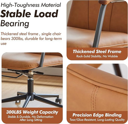 Home Office Desk Chair, Ergonomic Minimalist Faux Leather Swivel Chair with Oak Wood Armrests, Comfortable Task Chair for Computer or Study Room, 2 Pack, Camel Brown