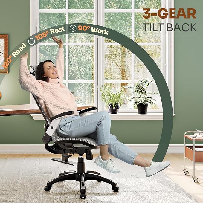 GABRYLLY Ergonomic Office Chair, High Back Home Desk Chair with Headrest, Flip-Up Arms, 90-120° Tilt Lock and Wide Cushion, Big and Tall Mesh Chairs for Man Woman, Grey Task Chair