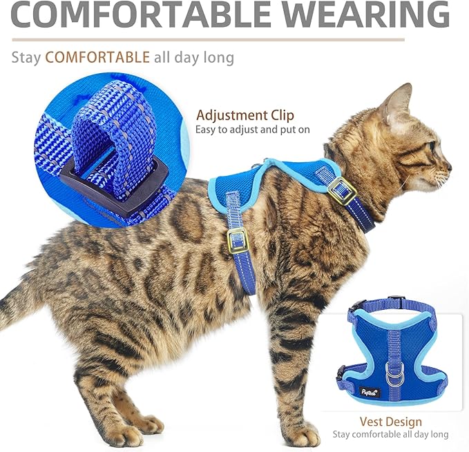 PUPTECK Cat Harness and Leash Set Escape Proof, Reflective Adjustable Soft Mesh Kitten Vest Harness for Walking Travel, Navy Blue, M