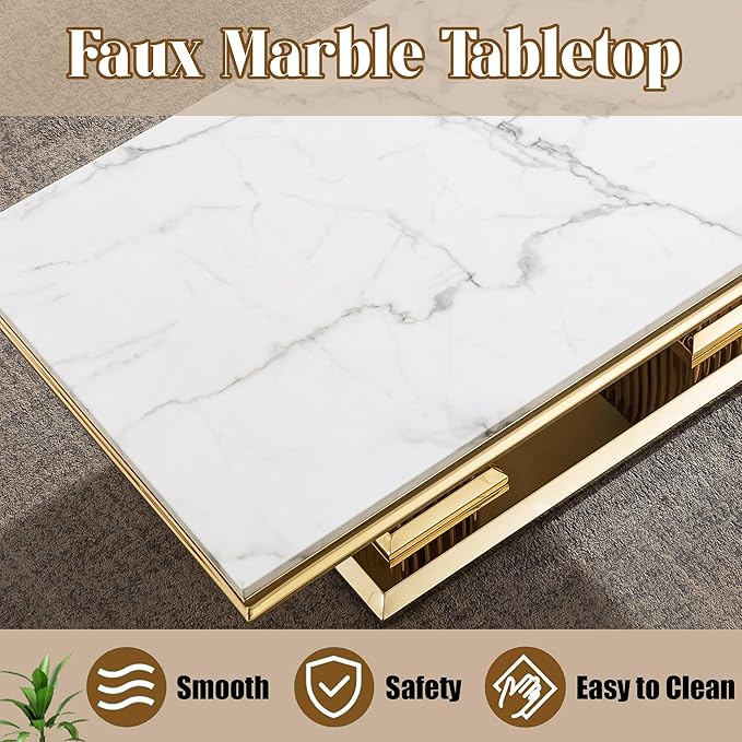Luxury Living Room Coffee Table Set of 3, Marble Coffee Table and 2 End Side Tables, 3 Piece Living Room Table Set with Stainless Steel Base for Living Room, White Gold