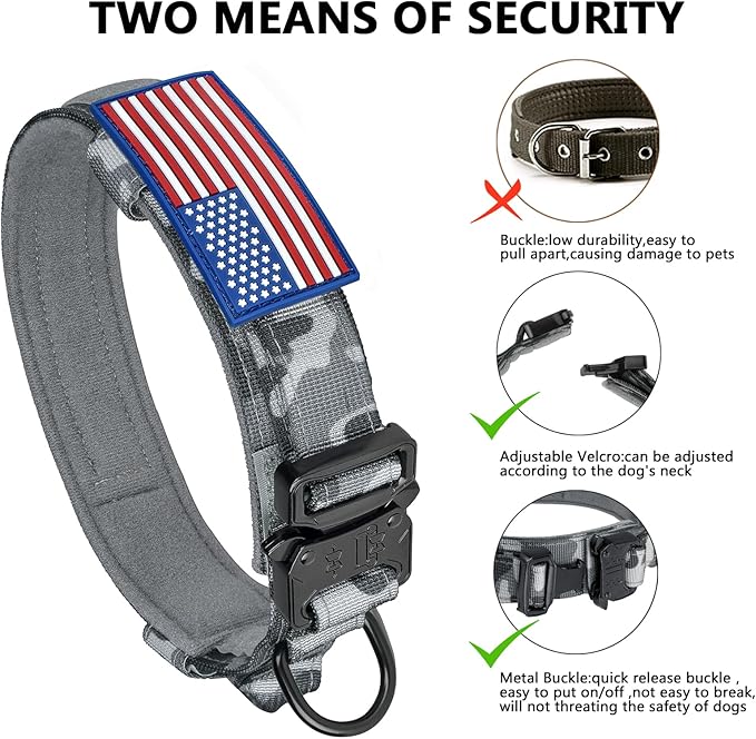 DAGANXI Tactical Dog Collar, Adjustable Military Training Nylon Dog Collar with Control Handle and Heavy Metal Buckle for Medium and Large Dogs, with Patches and Airtags Case (S, Camo)