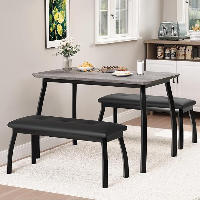 GAOMON Dining Table Set for 4, Metal Frame Kitchen, 3 Piece Dining Room Table Furniture for Apartment, Studio, Home, Easy Assembly, Grey