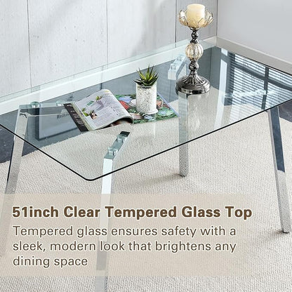 51“ Small Glass Dining Table Set for 4,0.31”Thick Tempered Glass Table Top with 4 Chrome Plate Metal Legs,4 PU Leather Dining Chairs,Modern Kitchen Dinner Room Table Set,for Kitchen Room