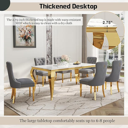 7-Piece Dining Table Set for 6, Faux Marble Dining Table Set with 70'' Marble Dinner Table and 6 Velvet Wing Back Chairs for Kitchen, Dining Room, Gray & Gold
