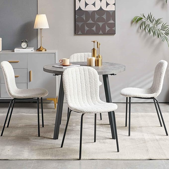 5-Piece Round Table Set for 4, 37.4" Grey Round Table with Hooks, Solid MDF Tabletop, Industrial Kitchen Table with Beige Boucle Dining Chairs for Restaurant, Dining Room