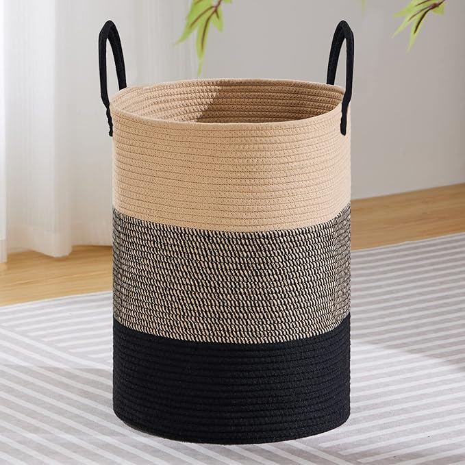 VIPOSCO Large Laundry Hamper, Tall Woven Rope Storage Basket for Blanket, Toys, Dirty Clothes in Living Room, Bathroom, Bedroom - 72L Brown & Black