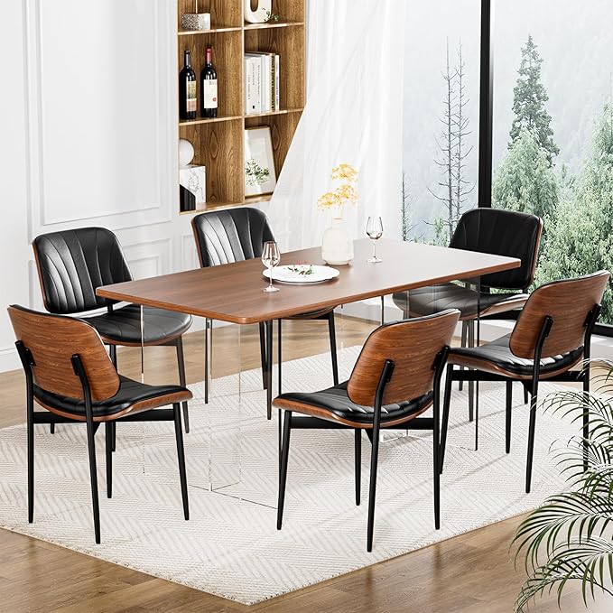 Dining Chairs Set of 2, Dining Room and Kitchen Chairs, FSC Certified Mid Century Modern Accent Chair, Upholstered PU Leather Chairs for Vanity with Walnut Bentwood and Metal Legs, Black