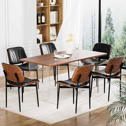 Dining Chairs Set of 8, Dining Room and Kitchen Chairs, FSC Certified Mid Century Modern Accent Chair, Upholstered PU Leather Chairs for Vanity with Walnut Bentwood and Metal Legs, Black