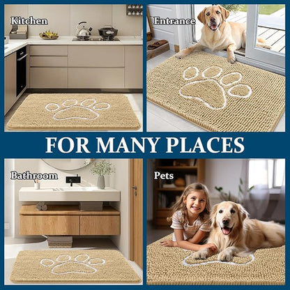 OLANLY Dog Door Mat for Muddy Paws 35x24, Paw Print Design, Absorbs Moisture and Dirt, Absorbent Non-Slip Washable Doormat, Quick Dry Chenille Mud Mat for Dogs, Entry Indoor Entryway Carpet, Beige