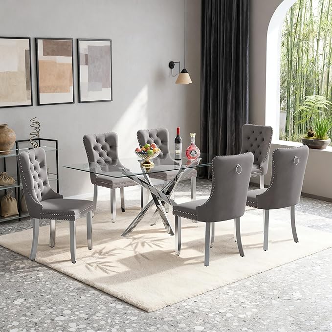 Goujxcy 51" Glass Dining Table Set for 6, Modern Kitchen Table and Chairs Set w/Steel Legs, 7-Piece Dining Table Set w/Glass Silver Dining Table and 6 Grey Velvet Chairs for Kitchen Dining Room