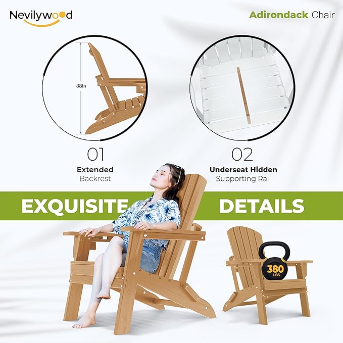 nevilywood Folding Adirondack Chair - Extended Ergonomic Backrest, Cup Holder - Easy Assembly - Durable HDPE Plastic, Weather Resistant & Maintenance-Free - Lawn, Patio, Deck Supports 380lbs,Teak
