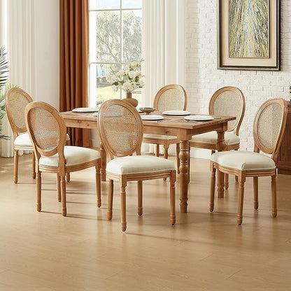 Nrizc Farmhouse Fabric Dining Room Chairs Set of 6, French Chairs with Round Back, Rattan Dining Chair, Oval Side Chair for Dining Room/Kitchen/Restaurant