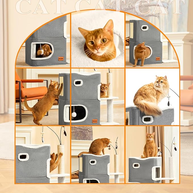 Cat Bed Cave for Indoor Cats with Scratch Pad Cat House Condo Adults with Fluffy Ball Cats Hideaway Large 2-Storey Cube Beds for Pets Grey