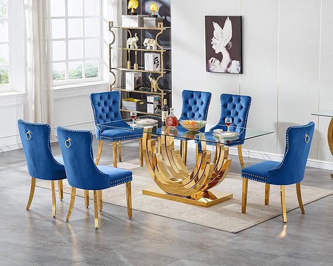 7 Piece Dining Table Set with 6 Blue Dining Chairs, Modern Glass Kitchen Table and Chairs Set for 6, 70" Rectangle Gold Glass Pedestal Dining Room Tables with Ring-Shape Stainless Steel Base