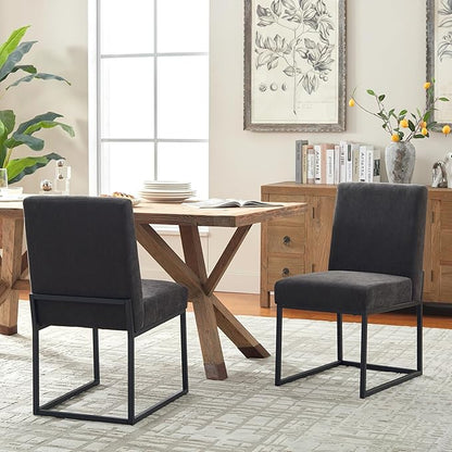 VKNOW Upholstered Dining Chairs Set of 2, Modern Dining Room Chairs, Linen Kitchen Chair Dinner Chair with Black Metal Base for Kitchen Office, Dark Grey-Unstriped