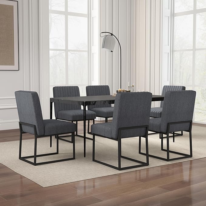 VKNOW Upholstered Dining Chairs Set of 6, Modern Dining Room Chairs with Stripe, Linen Kitchen Chair Dinner Chair with Black Metal Base for Kitchen Office, Dark Grey