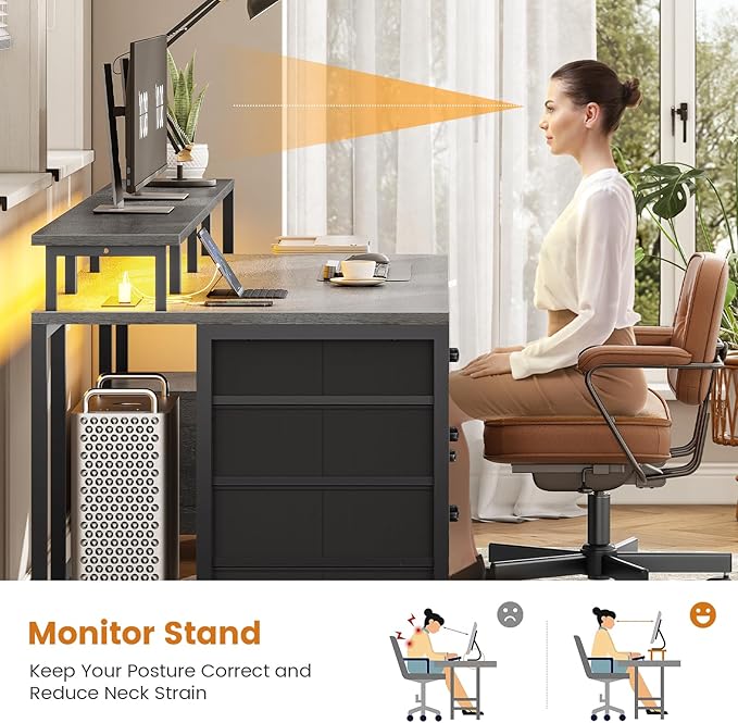 SEDETA 75'' Computer Desk with 5 Drawer, Power Outlet & Led Lights, Home Office Desk with File Drawer, Storage Shelves, Printer Cabinet and Monitor Shelf, 23.6" W Large Desktop Gaming Desk, Grey