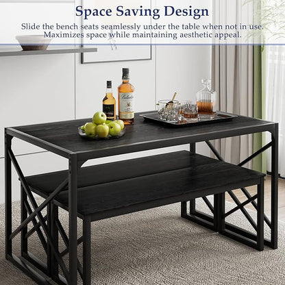 VECELO Kitchen Dining Table Benches Set for 4, 55" Wooden Dinette with 2 Benches, Heavy-Duty Dining Room Table for Small Space, Breakfast Nook, Black