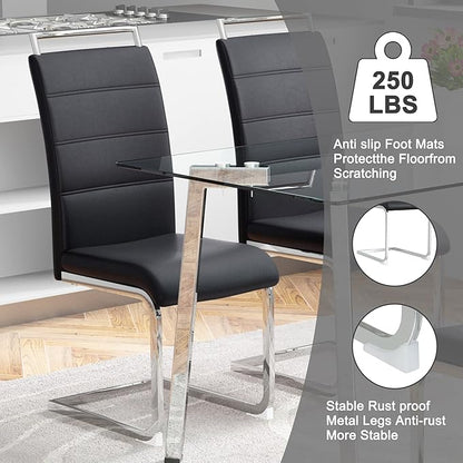 51“ Small Glass Dining Table Set for 4,0.31”Thick Tempered Glass Table Top with 4 Chrome Plate Metal Legs,4 PU Leather Dining Chairs,Modern Kitchen Dinner Room Table Set,for Kitchen Room