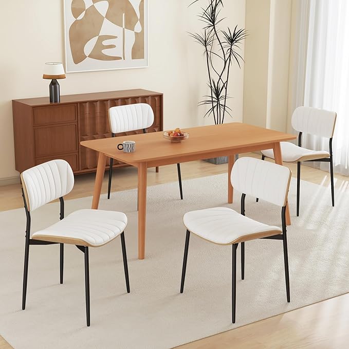 Modern PU Leather Dining Room Chairs Set of 4, Upholstered Kitchen Chairs with Curved Wood Backrest and Metal Legs Adjustable Feet for Kitchen Dining Room(White)
