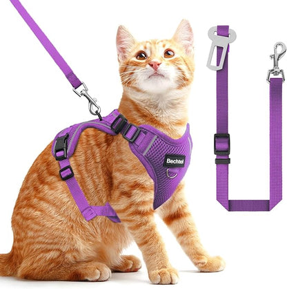 Cat Harness and Leash for Walking, The Upgrade Can be Adjusted in Four Directions and Breathable Cat Harness for Anti Escape That can be Fitted and Positioned, Reflective Strips Harness, Purple,S