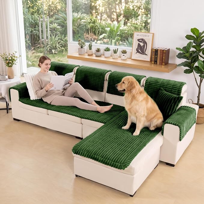 FUANGUI 2 Pack Waterproof Couch Cover for Dogs Pets Sofa Protector | Non-Slip Washable Fuzzy Soft Sofa Slipcover for 2 PCS L Shaped Sofa Pet Friendly, 27.6" x 70.9"+27.6" x 82.7",Dark Green