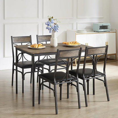 VECELO 5-Piece Dining Table Set for Home Kitchen Small Space Breakfast Nook, 4 Faux Leather Metal Frame Chairs,Rustic Brown,Set for 4