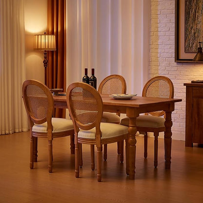 Nrizc French Country Dining Chairs Set of 4, Farmhouse Fabric Chairs with Round Back, Rattan Dining Chair, Oval Side Chairs for Dining Room/Living Room/Kitchen/Restaurant
