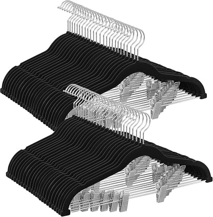 SONGMICS 50-Pack Pants Hangers, 16.7-Inch Long Velvet Hangers with Adjustable Clips, Heavy-Duty, Non-Slip Skirt Hangers, Space-Saving for Pants, Skirts, Coats, Dresses, Black UCRF012B50